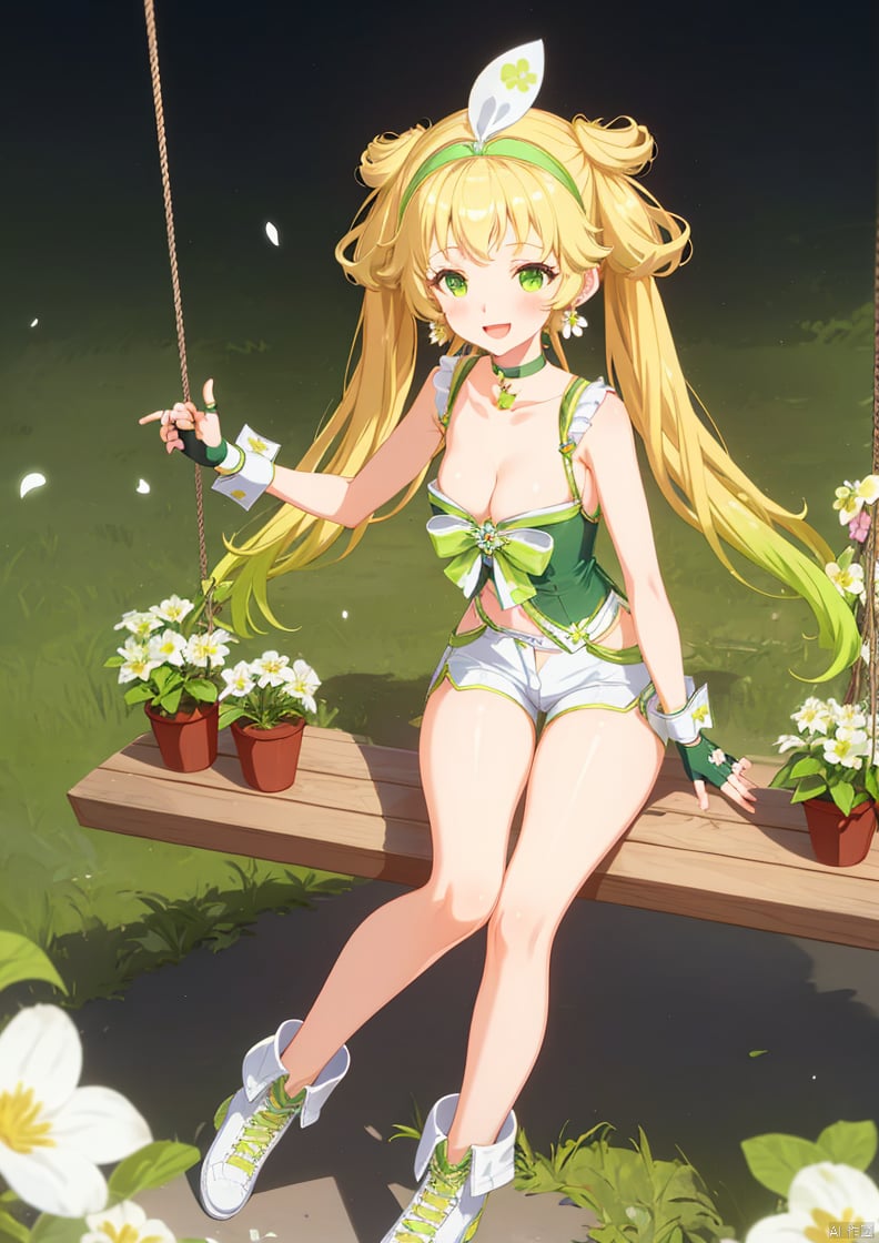 A large chest,Wide chest,Having cleavage,
1girl, solo, long hair, looking at viewer, blush, smile, open mouth, bangs, blonde hair, gloves, bow, ribbon, holding, bare shoulders, twintails, jewelry, sitting, very long hair, green eyes, collarbone, full body, flower, :d, multicolored hair, hairband, earrings, boots, green hair, shorts, sleeveless, choker, fingerless gloves, wrist cuffs, petals, short shorts, gradient hair, white footwear, plant, white flower, hair rings, white shorts, green hairband, green choker, swing