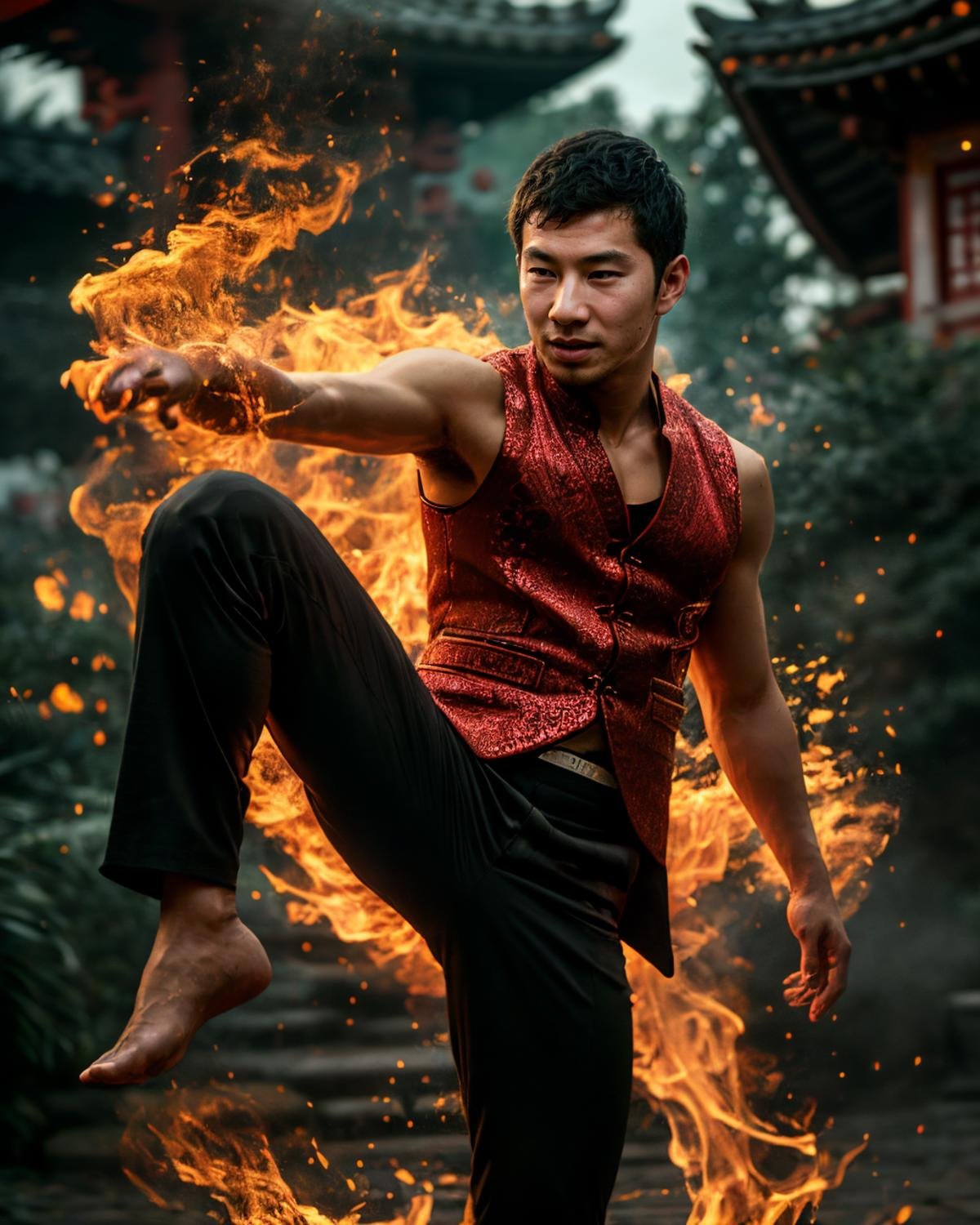 A mesmerizing raw editorial photograph of simuliu <lora:simuliu-v1:0.8>, red vest, black pants, martial arts pose, kicking, serious look <lora:Huooyan_20240126131846:0.7> Huooyan, glowing flame