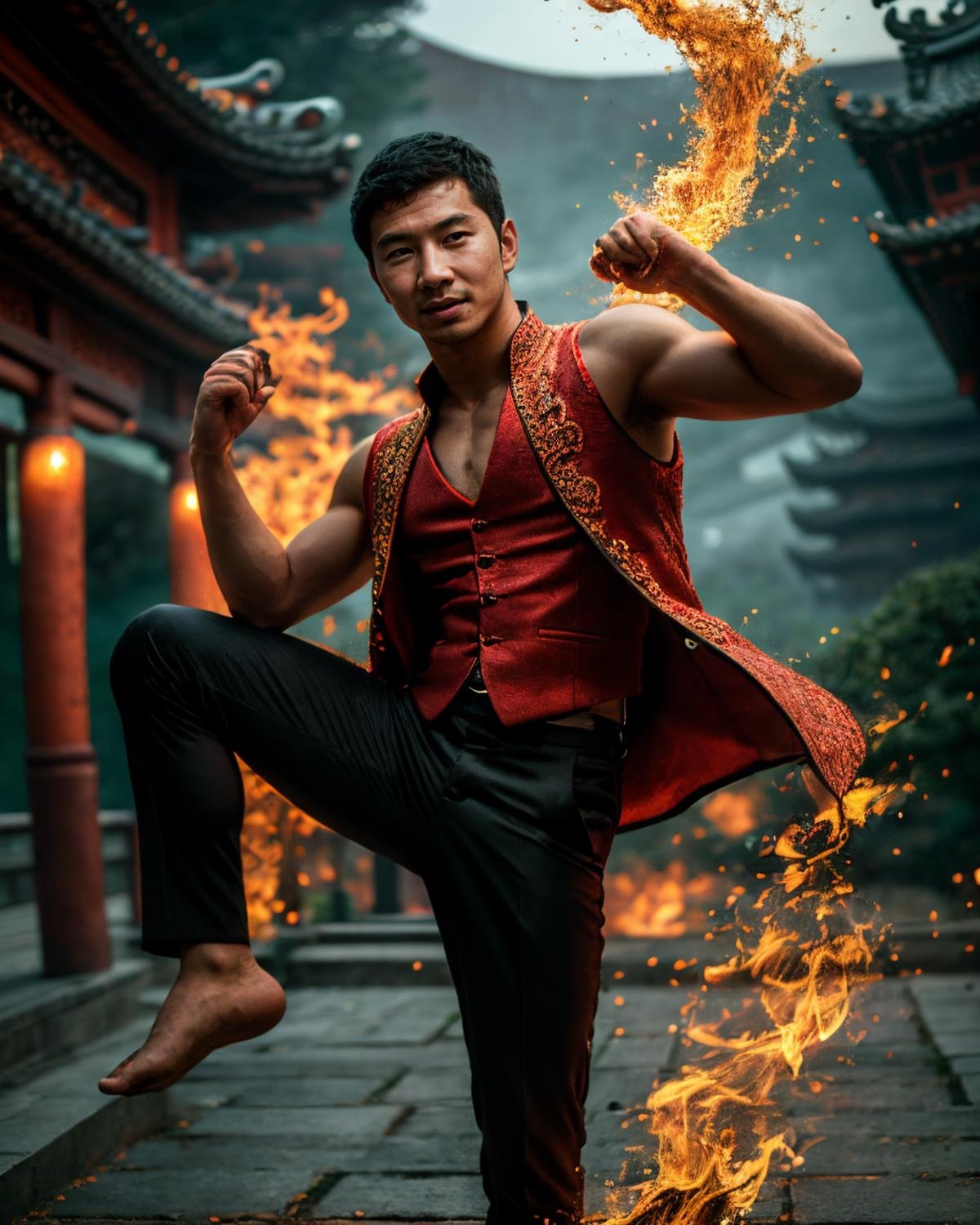 A mesmerizing raw editorial photograph of simuliu <lora:simuliu-v1:0.8>, red vest, black pants, martial arts pose, kicking, serious look <lora:Huooyan_20240126131846:0.7> Huooyan, glowing flame