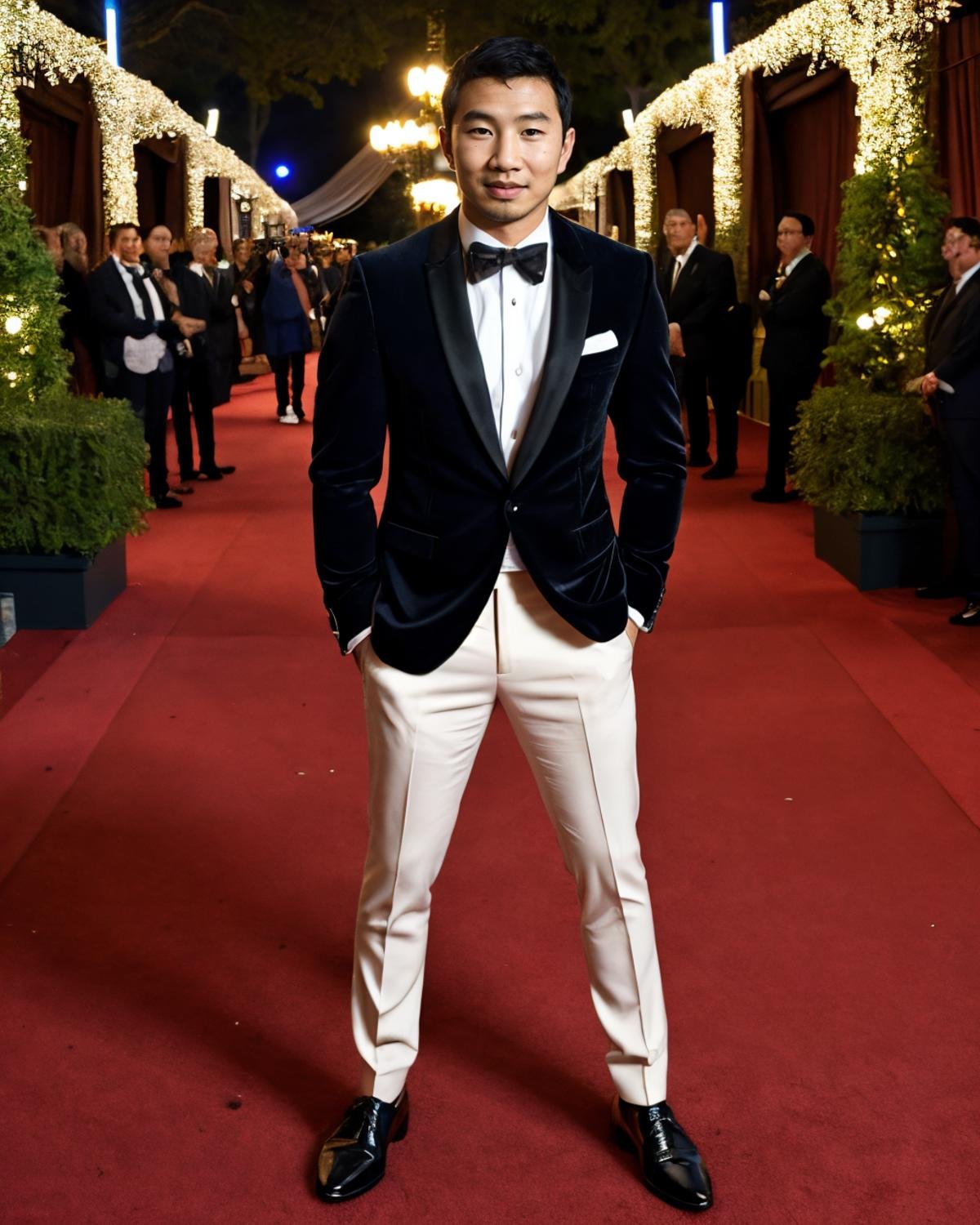 A mesmerizing raw editorial photograph of simuliu <lora:simuliu-v1:0.8>, tuxedo, red carpet