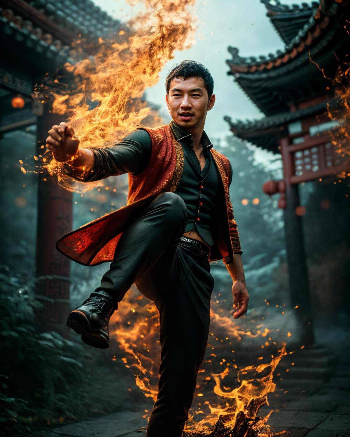 A mesmerizing raw editorial photograph of simuliu <lora:simuliu-v1:0.8>, red vest, black pants, martial arts pose, kicking, serious look <lora:Huooyan_20240126131846:0.7> Huooyan, glowing flame