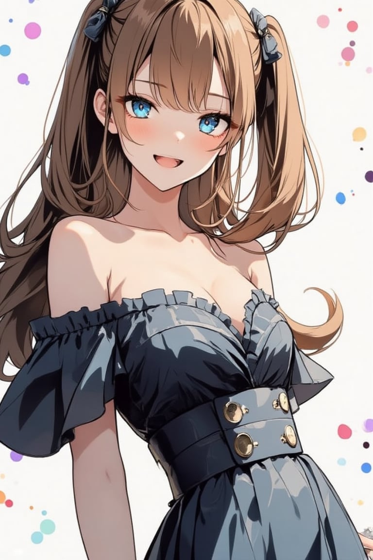 Anime style, very cute girl, elegant woman, cowboy shot, cute casual outfit, off shoulder dress, dress, frills, white background, (colorful ink drops on background), ((masterpiece : 2)), long hair, light brown hair, twin tail hairstyle, leaning forward, sexy pose, blushing, smiling, happy, open mouth, shoulders exposed, looking at the viewer, ((stunning image : 1.5)), ink art, ink art style,ink style