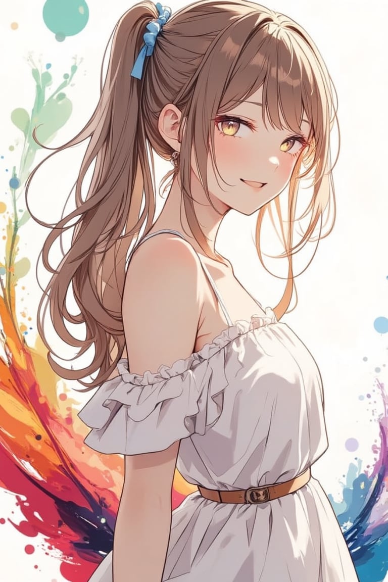 Anime style, very cute girl, elegant woman, cowboy shot, cute casual outfit, off shoulder dress, dress, frills, white background, (colorful ink drops on background), ((masterpiece : 2)), long hair, light brown hair, twin tail hairstyle, leaning forward, sexy pose, blushing, smiling, happy, open mouth, shoulders exposed, looking at the viewer, ((stunning image : 1.5)), ink art, ink art style,ink style