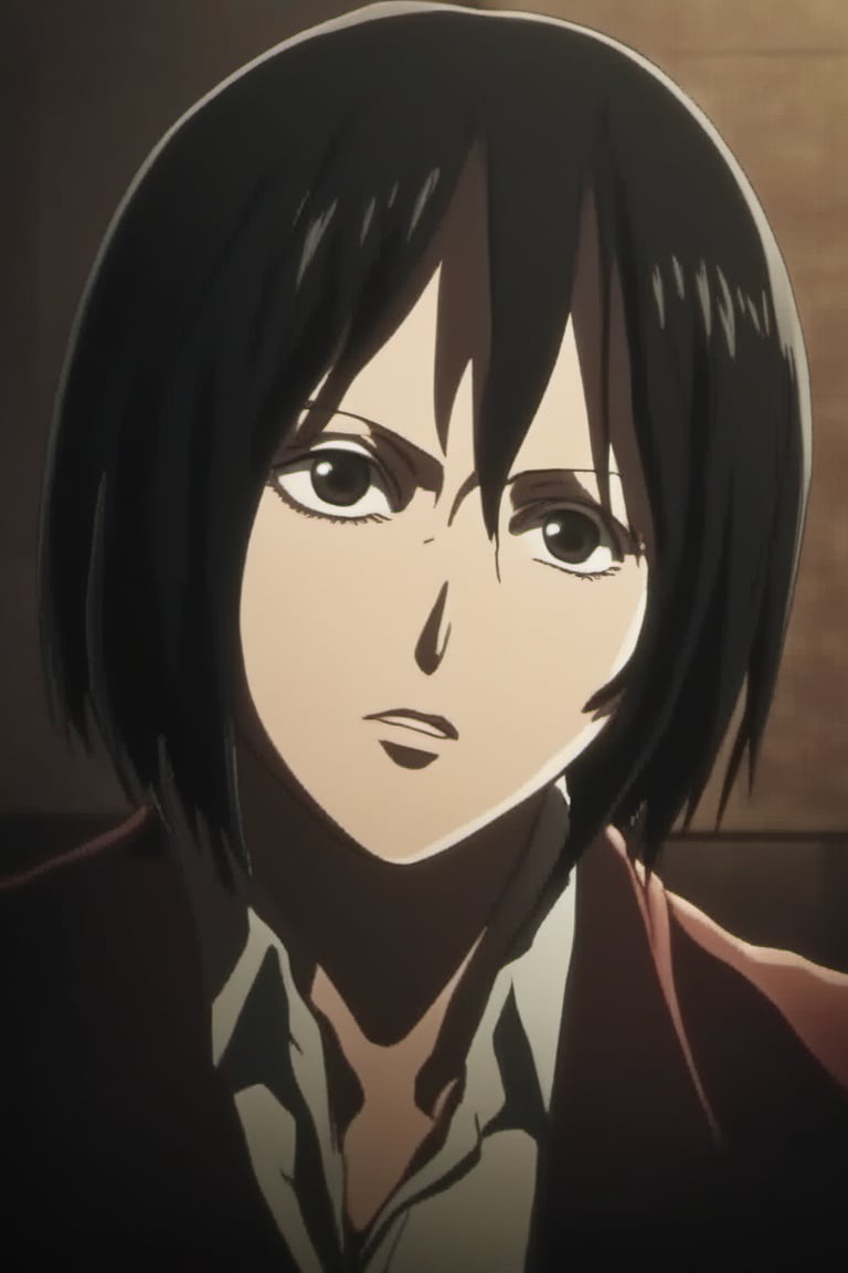 score_9,score_anime,anime screencap,mikasa_ackerman, black hair, black eyes, hair between eyes, short hair,AoT_OP_STYLE