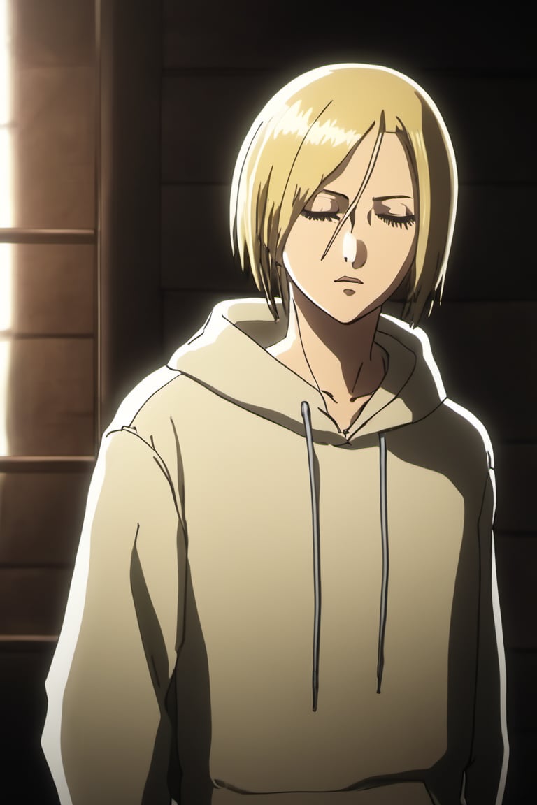 1girl, solo, looking at viewer, short hair, blue eyes, blonde hair, hair between eyes, closed mouth, upper body, hood, sweatdrop, from side, hoodie, hood down, room, white hoodie, annie leonhardt, Annie Leonhart, Attack on Titan,AoT_OP_STYLE