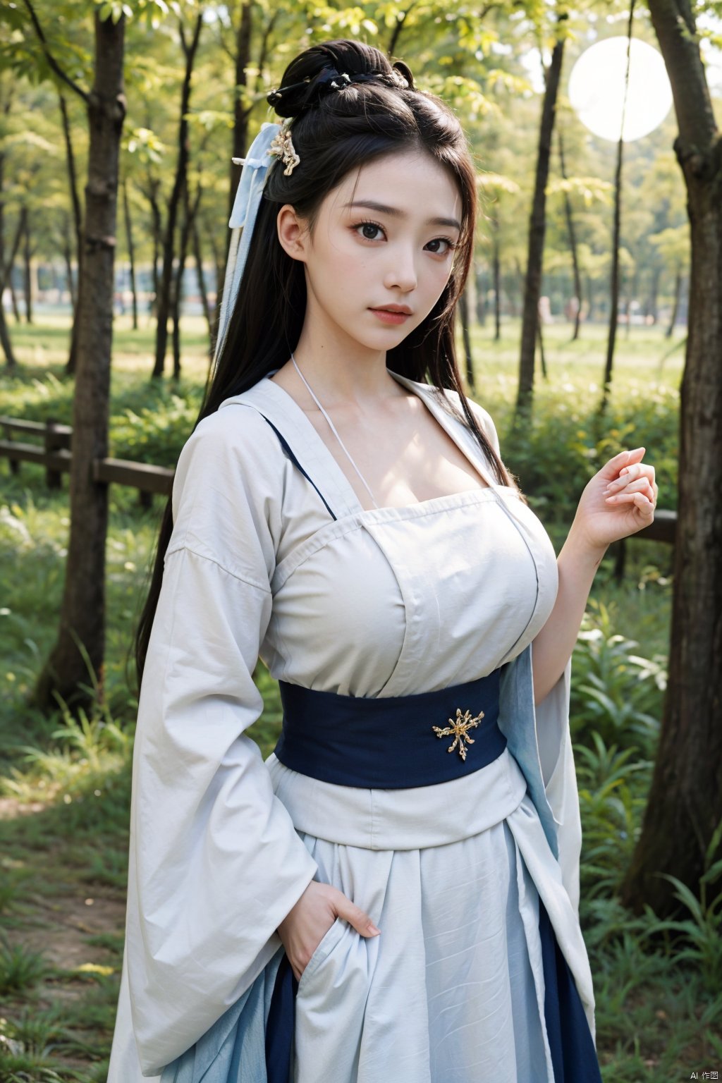 Best quality,masterpiece,Surrealist beauty photo, hanfu,(big breasts:1.39), Yunxiao_Fairy,1girl,Xhulianxin,full moon,