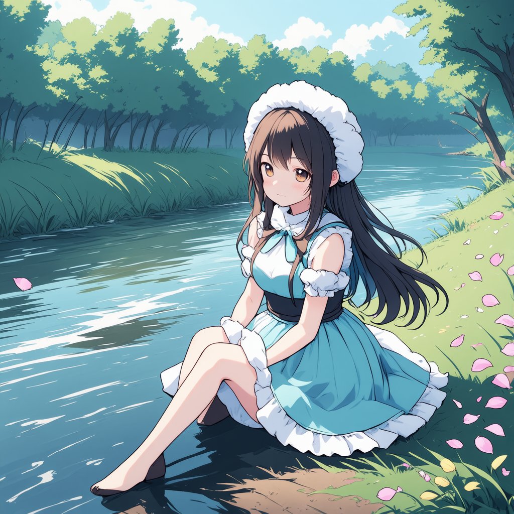 Anime-style illustration of an adorable young girl sitting by a riverbank, expressive eyes filled with wonder as she gazes at the flowing water. She has long, flowing hair with a few strands gently blowing in the wind, and she's wearing a pastel-colored dress that complements the vibrant, nature-filled surroundings. The scene is filled with soft lighting and a warm, peaceful atmosphere, with petals drifting through the air, enhancing the serene and picturesque setting, cinematic composition,fluffy hat maid