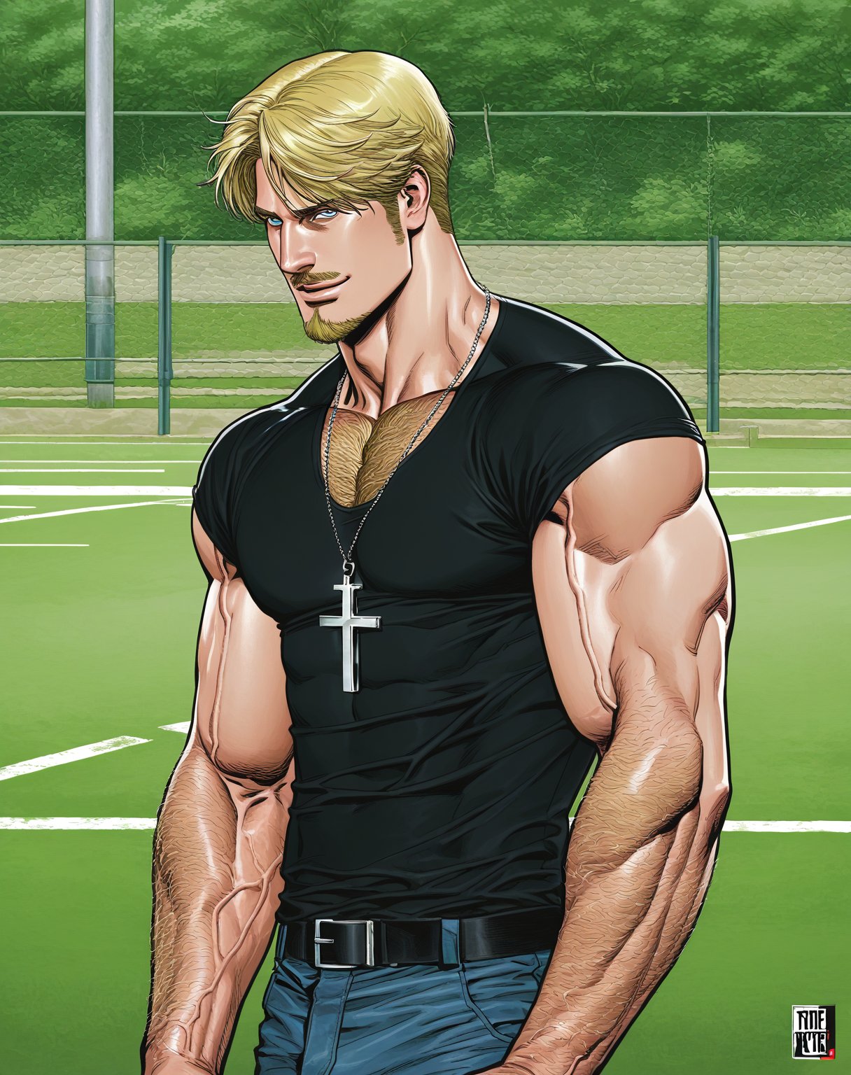 score_9, score_8_up, score_7_up, score_6_up, mike zacharias, goatee, mustaches, blue eyes, chest hair, hairy arms, masculine, muscular neck, blonde hair, necklace with cross, big biceps, arrogant smile, defiant eyes, tight black shirt with short sleeves, jeans, parking lot, ultra realistic, blake alexander