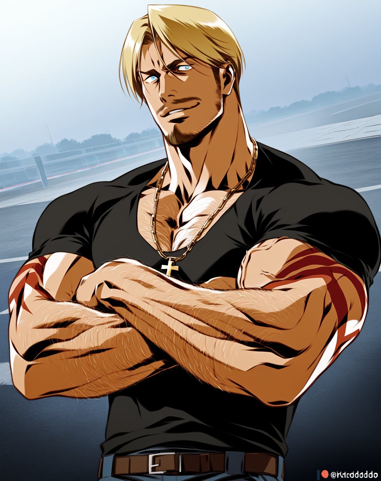 score_9, score_8_up, score_7_up, score_6_up, mike zacharias, goatee, mustaches, blue eyes, chest hair, hairy arms, masculine, muscular neck, blonde hair, necklace with cross, biceps, arrogant smile, defiant eyes, tight black shirt with short sleeves, jeans, parking lot, ultra realistic, dizdoodz style, tribal tattoo