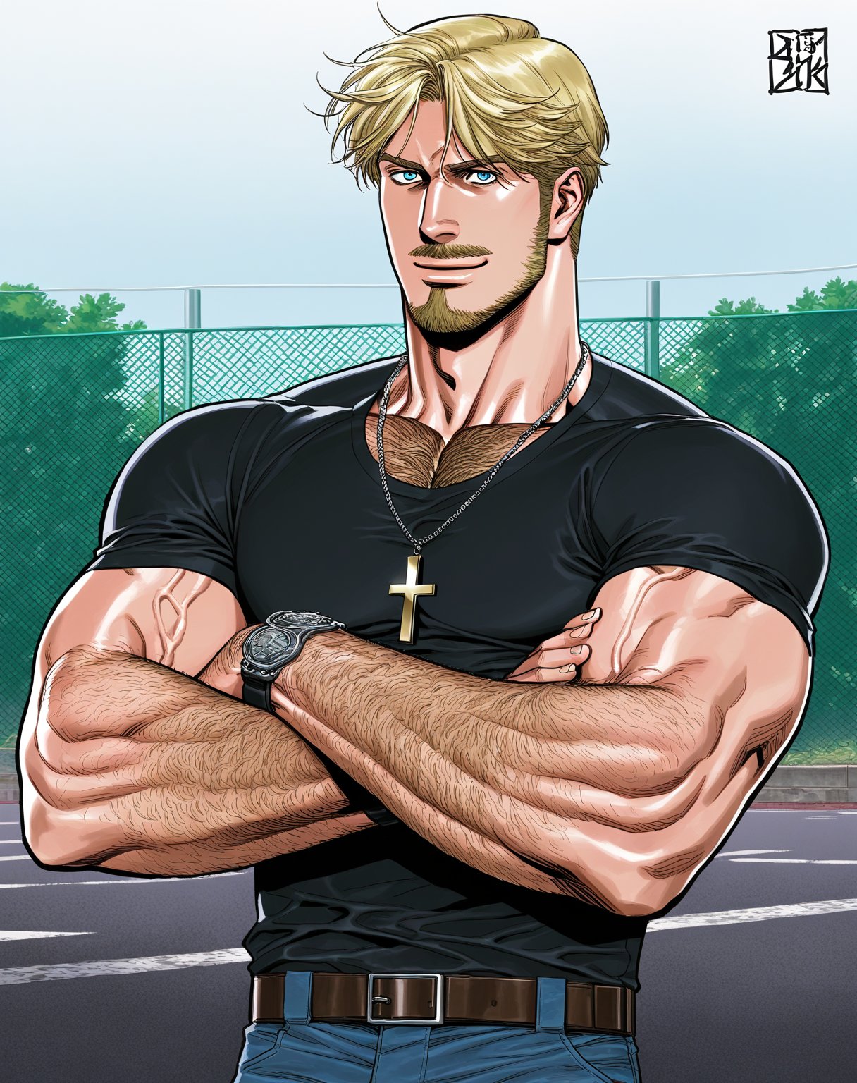 score_9, score_8_up, score_7_up, score_6_up, mike zacharias, goatee, mustaches, blue eyes, chest hair, hairy arms, masculine, muscular neck, blonde hair, necklace with cross, biceps, arrogant smile, defiant eyes, tight black shirt with short sleeves, jeans, parking lot, ultra realistic, blake alexander