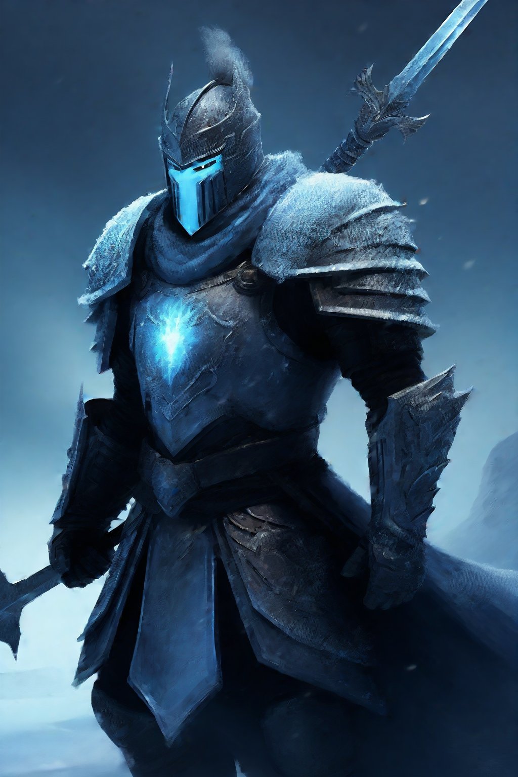 The image depicts a character from a fantasy setting, likely a warrior or knight given the armor. The armor is ornate and heavily decorated with what appears to be frost or ice, suggesting a cold climate or magical abilities. The blue glow on the helmet could indicate a form of energy or power associated with the character. The weapon, a sword with a complex hilt, reinforces the warrior theme. The background is dark and cloudy, which may imply an overcast day or a somber mood. The overall impression is one of strength, power, and possibly a connection to a colder environment or a magic that involves ice.