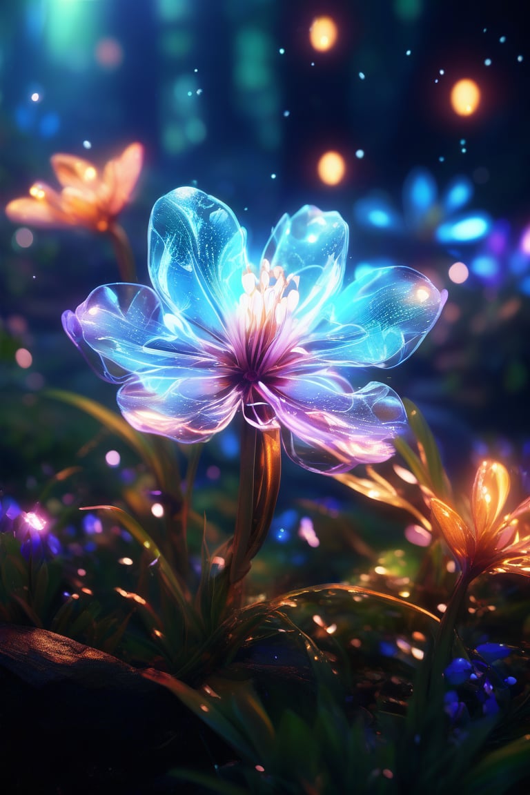 Detailed, masterpiece, professional, vibrant colors, octane render, ultra-realistic photography, HDR, 3D render, 4K resolution, bioluminescent flower in a magical fairy forest, flower blooming, glowing petals, soft ethereal lighting, intricate textures, film grain, subtle chromatic aberration, RTX, volumetric lighting, misty atmosphere, enchanted environment, depth of field, lens flare, high contrast, reflective surfaces, bokeh effect, cinematic lighting, photorealistic details.