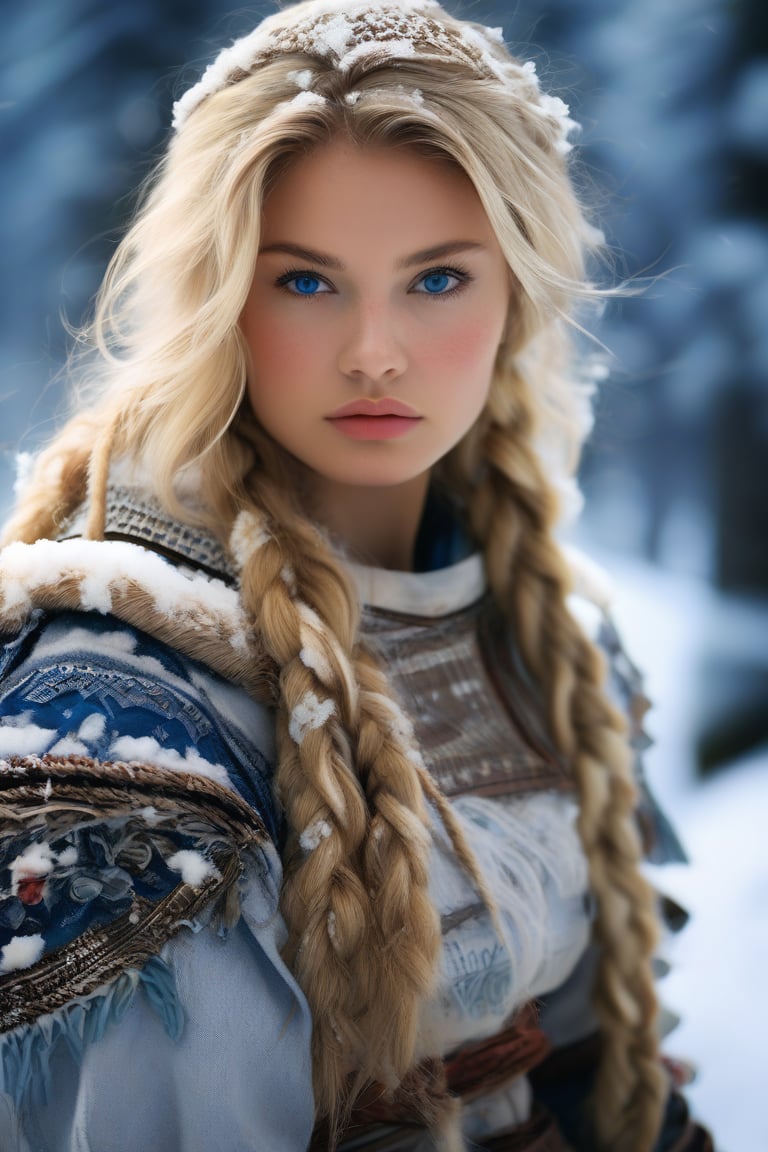 (Realistic:1.2), Analog Photography Style, Scandinavian warrior woman, fantastic snowy setting, braided blonde hair, whole body, Soft natural light, Cute and sexy, Pleasure, detailed face and blue eyes, Great quality, masterpiece, detailed northern background, Quality: 16K, raw photo
