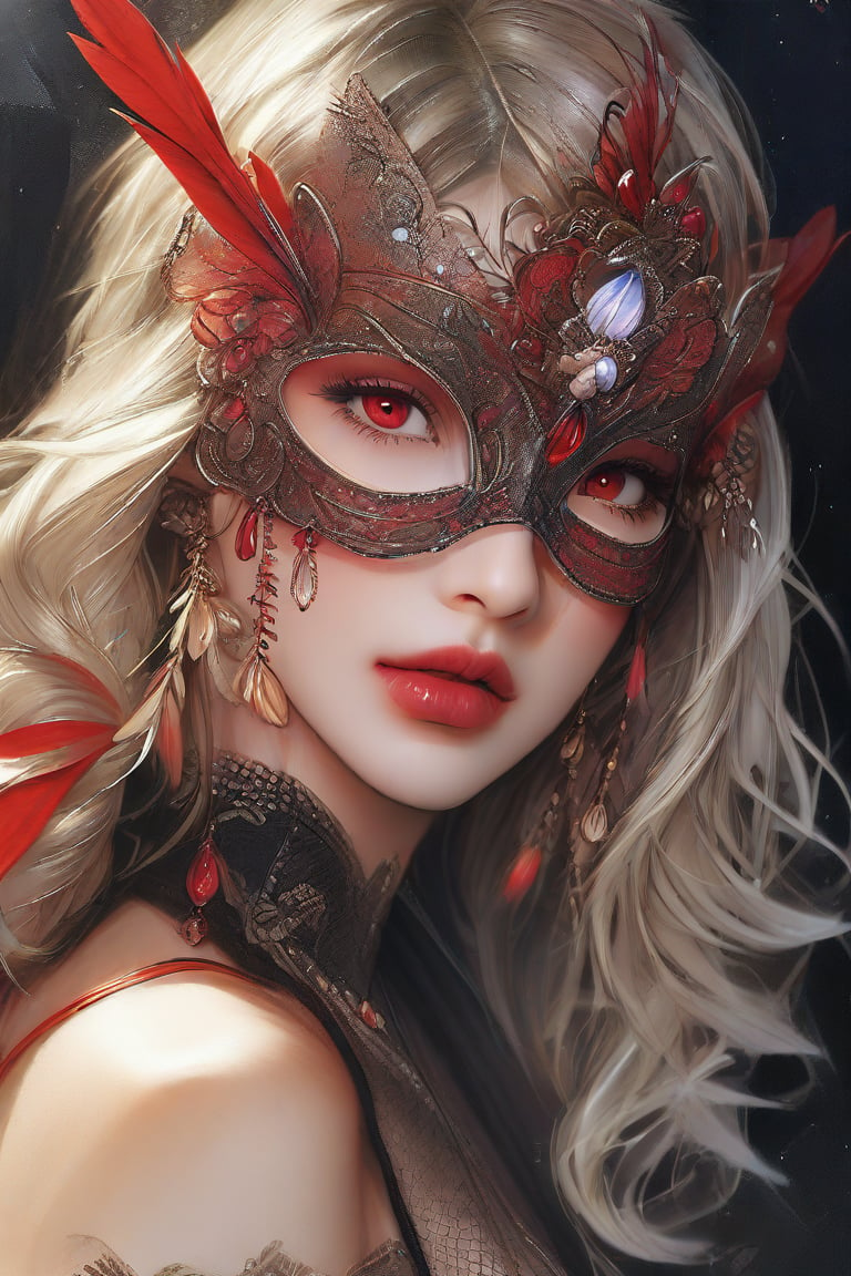 extreme close up on face, great lighting, intricate detail, stunning oriental female battle mage, long two-toned hair, bangs, blonde with red highlights, jewelled earrings, dark eye-make-up, red lips, elaborate feathered mask and cape from a masquerade ball, sheer silk dress with clothing cutouts, lace, leather, jewelled masquerade mask, slight smile, direct gaze, side soft light, elegant, gorgeous, highly detailed,, breathtaking, face in sharp focus, detailed face, dutch angle High Detail, Perfect Composition, realistic watercolour photorealistic image, interesting lighting