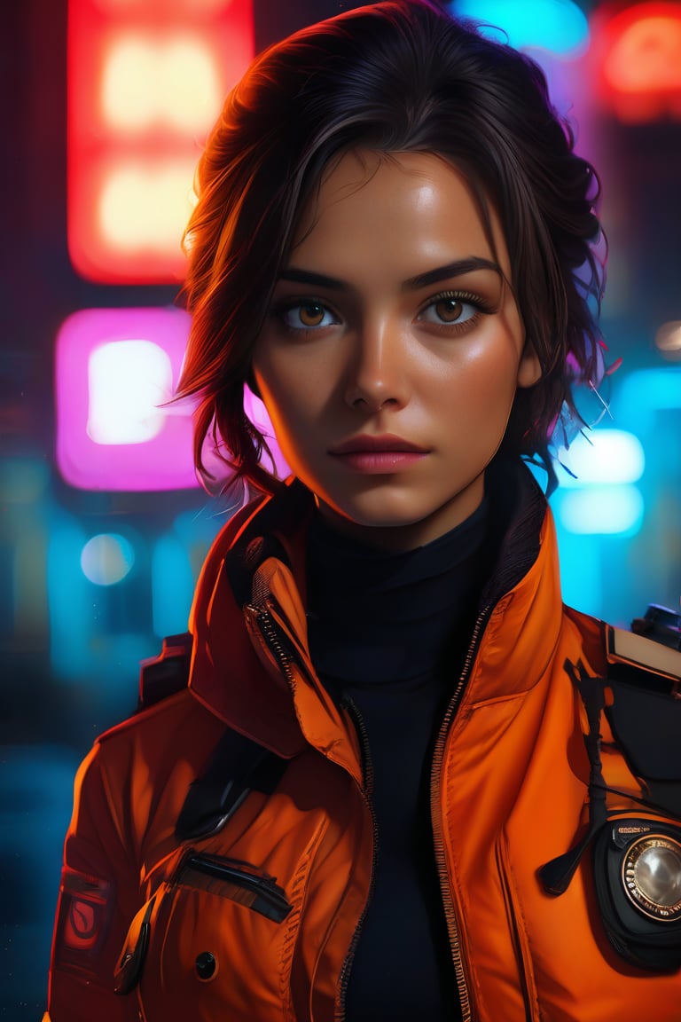 hyperrealistic digital painting, shallow depth of field, bokeh, incredibly detailed, beautiful 25 year old police officer with tan skin and dark intense features, against a backdrop of a neon city at night, black turtleneck and orange bomber jacket, portrait, splashes in red and orange colour,