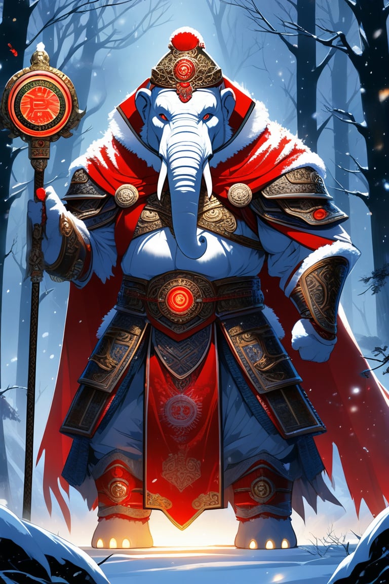 The beast of Chinese mythology, the mighty and strong anthropomorphic white elephant king dressed in gorgeous hanfu and armor, gluttonous heavy armor and red cloak, with a glowing red magic array behind him, standing in the dark forest with a weapon in hand, snow, rich in detail, realistic, rich in detail, 32K UHD, super high resolution, best quality, masterpiece,