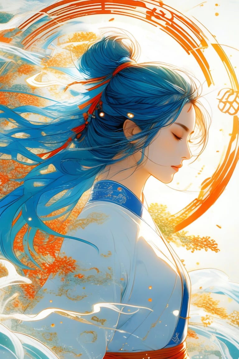 A beautiful woman, white gauze, blue hair, messy hair, portrait, from the side, Xianxia, ​​Tai Chi pattern, the background is the Five Elements and Bagua, high quality, enamel color