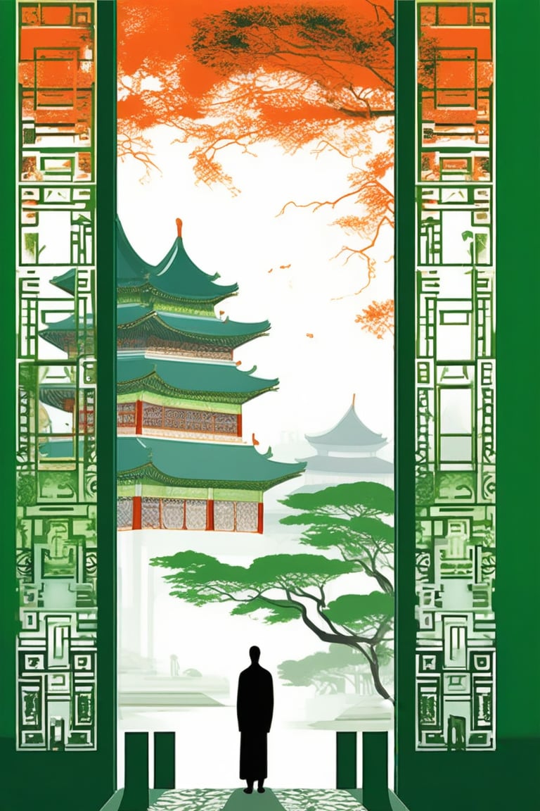 A poster of traditional Chinese art, a person standing on the open land, in front of Chinese architecture, a tree, silk green background, a department, layered illusion, modernist art. Classical balance, Chinese contemporary, large format,enamel color