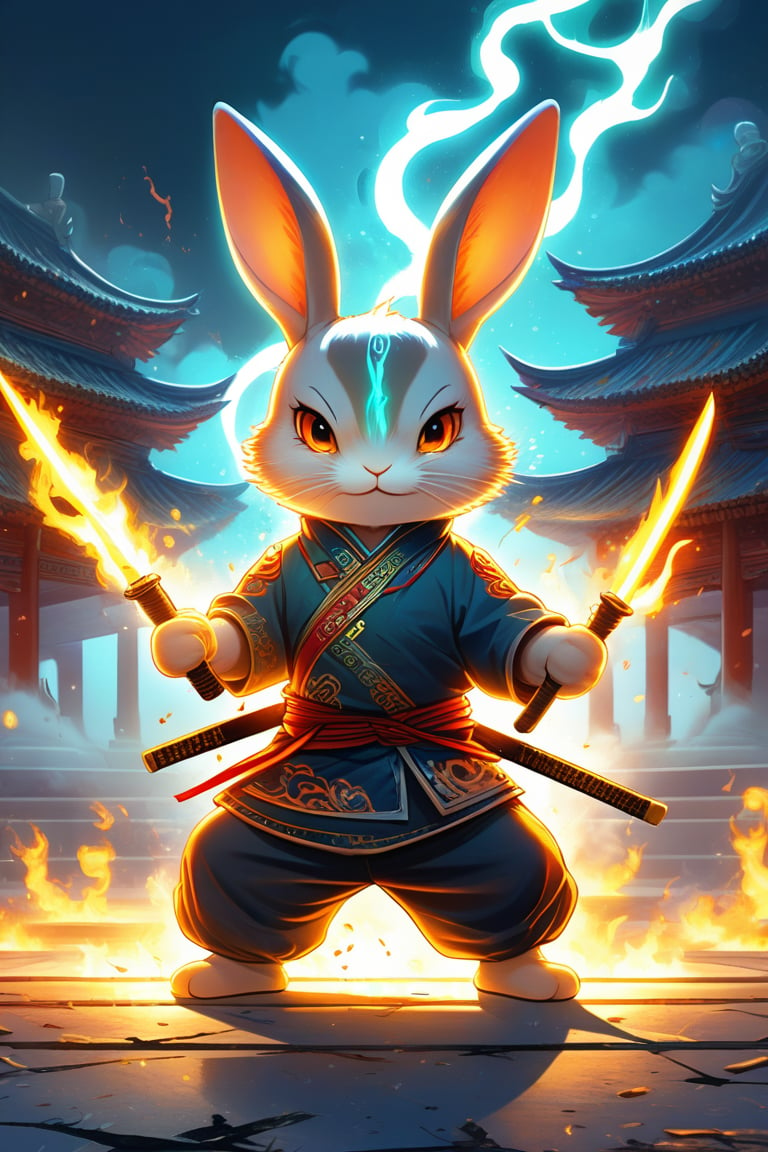 A cute anthropomorphic rabbit is practicing martial arts in front of the temple with two glowing long knives, lightning, smoke, flames, wearing a Taoist uniform, fighting posture, there are many cracks on the ground, Chinese martial arts,enamel color