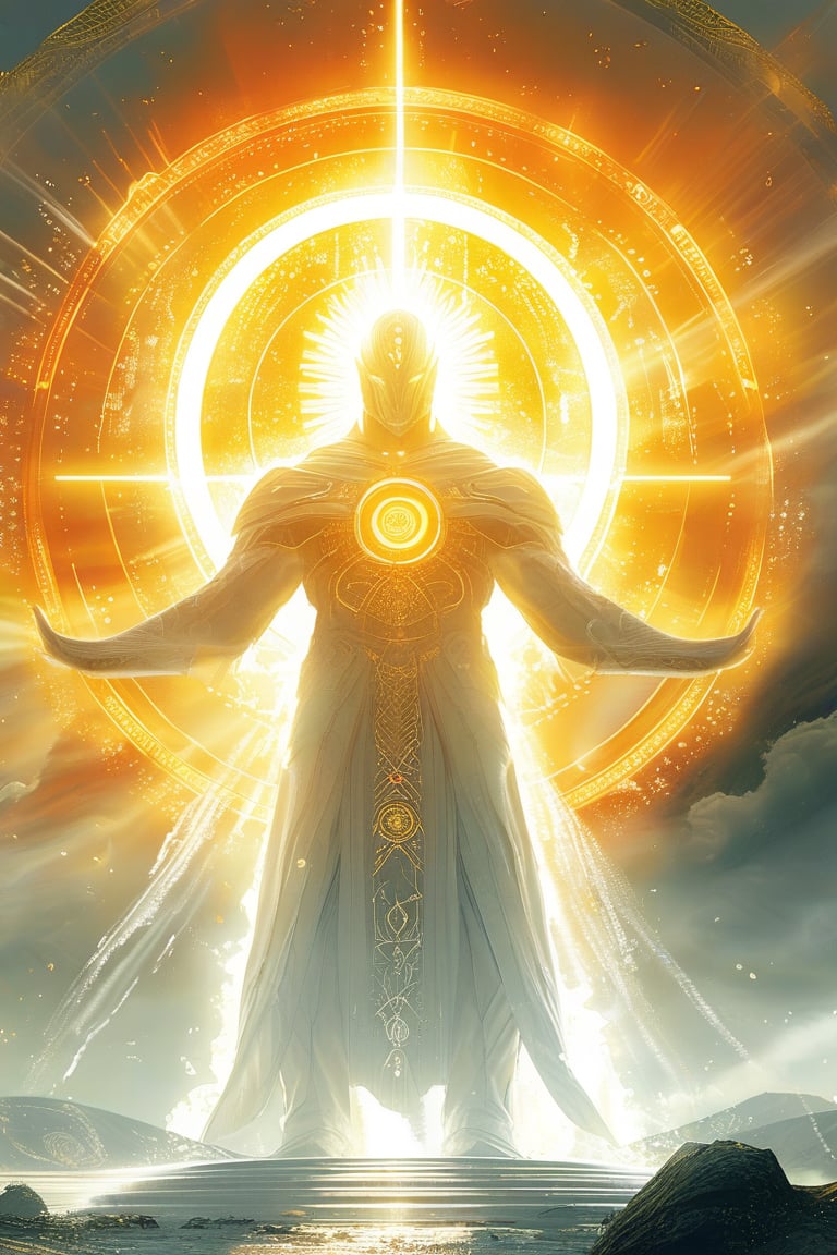 The white light giant's whole body is shrouded in light, and only a vague human form can be seen. There is a huge white halo behind it, mysterious golden runes are flowing, and it holds a blazing sun in its hand. Surrealism, movie images, ultra-high definition,enamel color