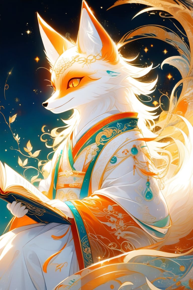 Nine-tailed fox fairy, white robe, bookish spirit, extreme details, shiny, luminous particles,enamel color