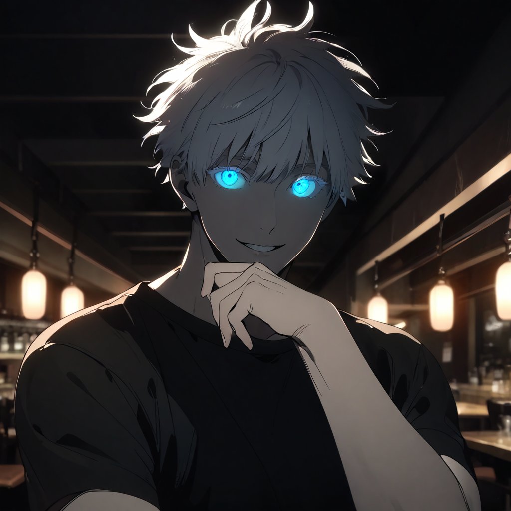 solo, looking at viewer, smile, short hair, bangs, blue eyes, shirt, 1boy, upper body, white hair, short sleeves, male focus, outdoors, parted lips, hand up, black shirt, glowing, glowing eyes, colored eyelashes, in restaurant, gojou satoru, satorugojo,AOT_STYLE