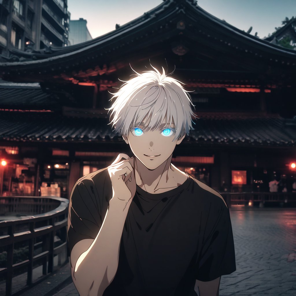 solo, looking at viewer, smile, short hair, bangs, blue eyes, shirt, 1boy, upper body, white hair, short sleeves, male focus, outdoors, parted lips, hand up, black shirt, glowing, glowing eyes, colored eyelashes, photo background, gojou satoru, satorugojo,AOT_STYLE