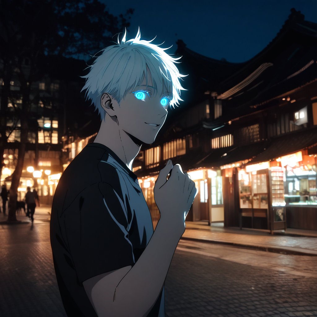 solo, looking at viewer, smile, short hair, bangs, blue eyes, shirt, 1boy, upper body, white hair, short sleeves, male focus, outdoors, parted lips, hand up, black shirt, glowing, glowing eyes, colored eyelashes, photo background, gojou satoru, satorugojo,AOT_STYLE