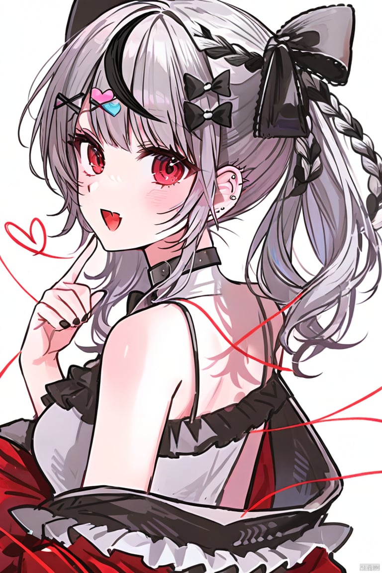 1girl, solo, long hair, breasts, looking at viewer, blush, smile, open mouth, bangs, shirt, black hair, hair ornament, red eyes, white background, bow, bare shoulders, twintails, jacket, upper body, braid, hair bow, grey hair, heart, multicolored hair, frills, fang, looking back, virtual youtuber, off shoulder, nail polish, from side, streaked hair, black bow, piercing, x hair ornament, ear piercing, black nails, skin fang, string, string of fate, sakamata chloe