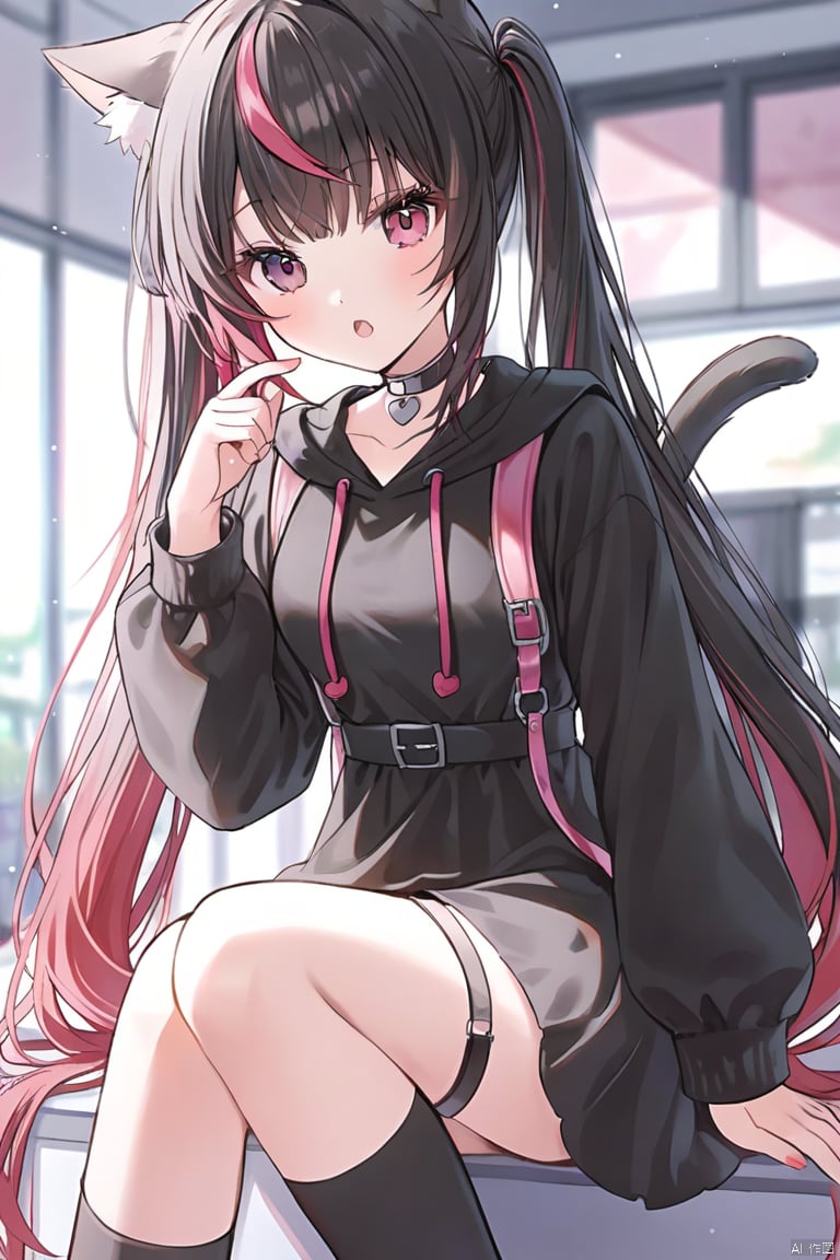 1girl, solo, long hair, looking at viewer, blush, bangs, shirt, black hair, red eyes, long sleeves, ribbon, animal ears, twintails, sitting, very long hair, tail, pink hair, heart, red hair, multicolored hair, parted lips, choker, socks, cat ears, hand up, blurry, :o, two-tone hair, streaked hair, cat tail, hand on hip, black shirt, thigh strap, depth of field, feet out of frame, cat girl, black socks, puffy long sleeves, drawstring