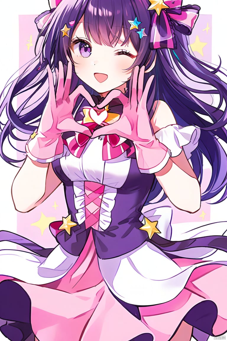 1girl, solo, long hair, looking at viewer, smile, open mouth, bangs, hair ornament, gloves, dress, bow, purple eyes, purple hair, hair bow, heart, one eye closed, star \(symbol\), ;d, star hair ornament, heart hands, pink gloves