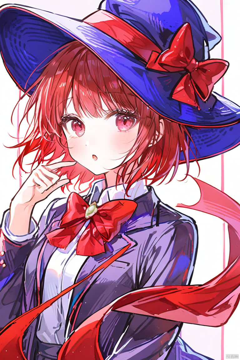 1girl, solo, looking at viewer, blush, short hair, bangs, shirt, red eyes, long sleeves, hat, bow, school uniform, jacket, white shirt, upper body, red hair, parted lips, collared shirt, bowtie, :o, red bow, black jacket, red bowtie, blue headwear, purple jacket