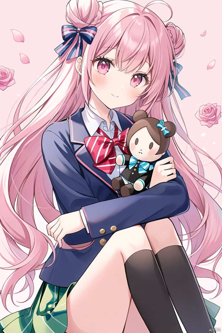 1girl, solo, long hair, looking at viewer, blush, smile, bangs, skirt, shirt, red eyes, long sleeves, bow, ribbon, holding, very long hair, closed mouth, school uniform, jacket, hair ribbon, pink hair, flower, ahoge, heart, pleated skirt, socks, striped, collared shirt, bowtie, pink eyes, hair bun, vest, red bow, kneehighs, petals, double bun, feet out of frame, rose, pink background, blazer, blue jacket, green skirt, black socks, pink flower, striped bow, object hug, doll, character doll, pink rose, striped bowtie, striped skirt, holding doll