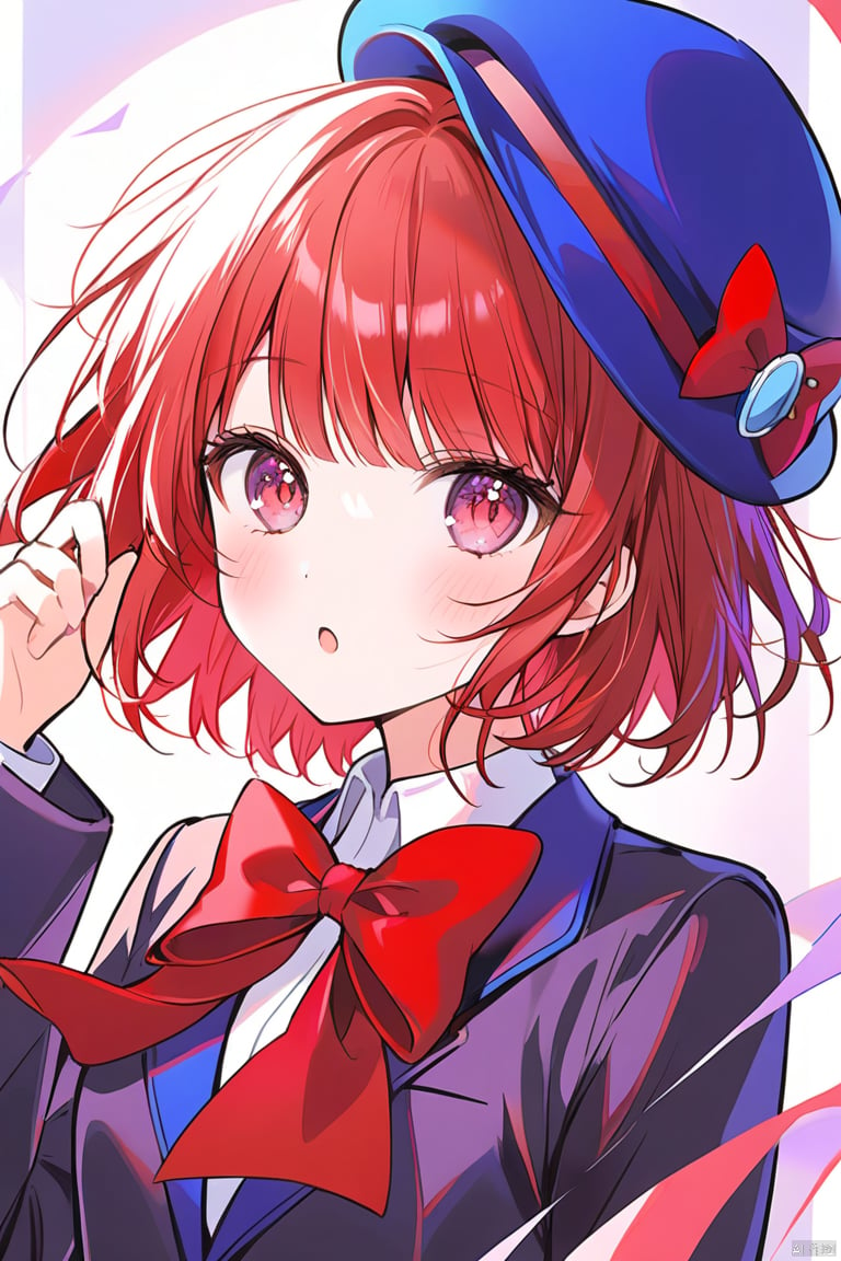 1girl, solo, looking at viewer, blush, short hair, bangs, shirt, red eyes, long sleeves, hat, bow, school uniform, jacket, white shirt, upper body, red hair, parted lips, collared shirt, bowtie, :o, red bow, black jacket, red bowtie, blue headwear, purple jacket