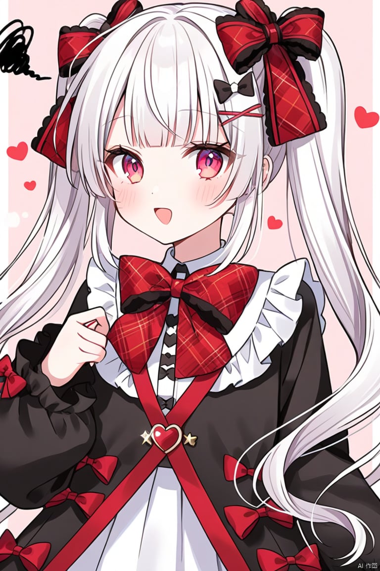 1girl, solo, long hair, looking at viewer, blush, open mouth, bangs, shirt, hair ornament, red eyes, long sleeves, bow, ribbon, twintails, upper body, white hair, hair bow, heart, frills, alternate costume, bowtie, red bow, sleeves past wrists, alternate hairstyle, white bow, x hair ornament, red hairband, squiggle, fujiwara no mokou