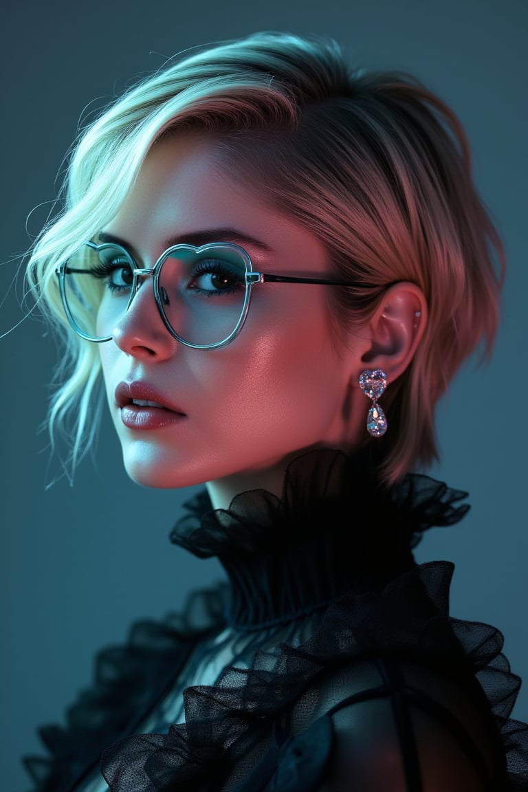 A mesmerizing, close-up portrait of wo3r1nM0 exudes a synthwave-inspired style, with her stylish side view and intricate features capturing the viewer's attention. Her short, styled hair is perfectly complemented by transparent heart-shaped gradient tinted glasses, and her intense gaze directly engages the audience. The woman's hair is a breathtaking blend of blonde and textures, depicting the versatility of carbon in various forms such as graphite and diamond. Her outfit features a combination of diamond-like facets in her dress, which catch and disperse light, and transitioning layers of black fabric that mimic graphite. The jewelry, including carbon rings and diamond earrings, highlights the element's ability to create strong bonds and complex structures. The artwork masterfully captures the duality of carbon, symbolizing its strength, flexibility, and critical role