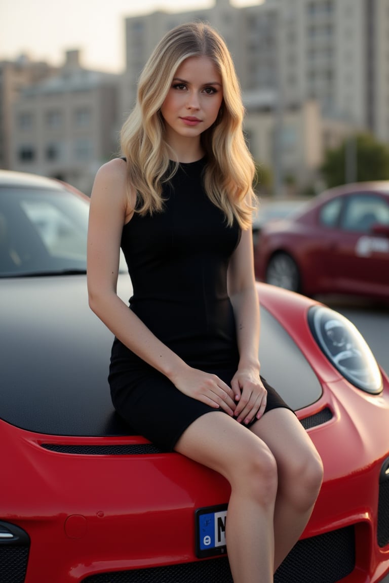 A photo of a young blonde wo3r1nM0 with brown eyes sitting on the hood of a red and black Porsche GT3 RS. The woman is wearing a black tight dress looking at the camera. She is rich and the photo is in the city of Dubai., photo, 3d render