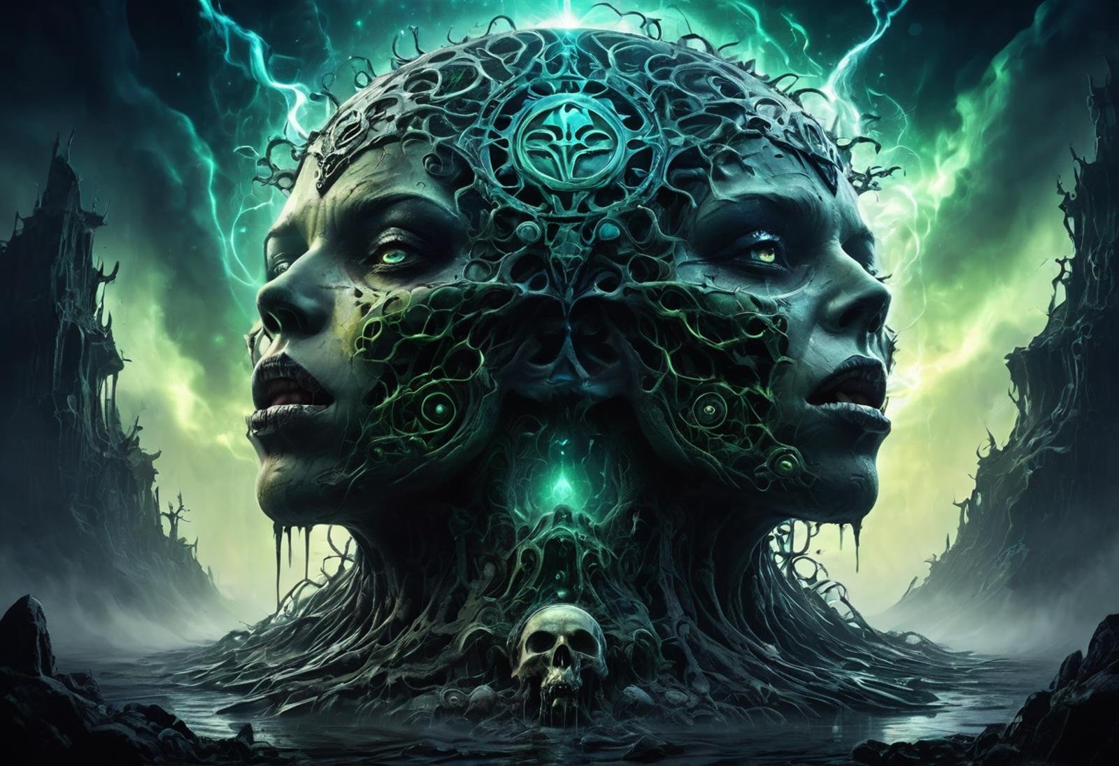 ethereal fantasy concept art of  surrealistic and grotesque face, dark art, backligth, biomechanic, horror art, 4k, background with sodiac symbols, mistical art, drool falling from the mouth, two faces, apocalyptic landscape . magnificent, celestial, ethereal, painterly, epic, majestic, magical, fantasy art, cover art, dreamy, concept art surrealistic and grotesque face, dark art, backligth, biomechanic, horror art, 4k, background with sodiac symbols, mistical art, drool falling from the mouth, two faces, apocalyptic landscape . digital artwork, illustrative, painterly, matte painting, highly detailed