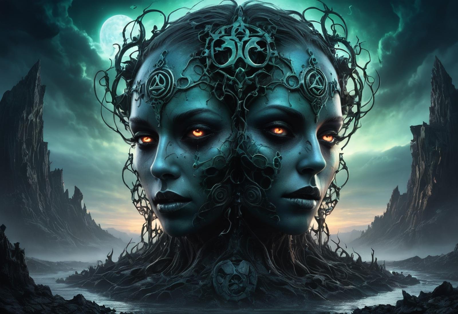 ethereal fantasy concept art of  surrealistic and grotesque face, dark art, backligth, biomechanic, horror art, 4k, background with sodiac symbols, mistical art, drool falling from the mouth, two faces, apocalyptic landscape . magnificent, celestial, ethereal, painterly, epic, majestic, magical, fantasy art, cover art, dreamy, concept art surrealistic and grotesque face, dark art, backligth, biomechanic, horror art, 4k, background with sodiac symbols, mistical art, drool falling from the mouth, two faces, apocalyptic landscape . digital artwork, illustrative, painterly, matte painting, highly detailed