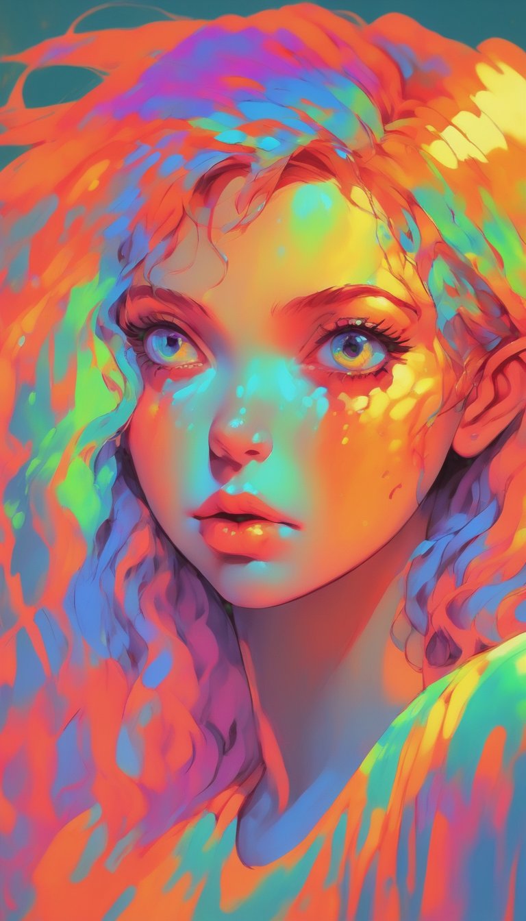 A 16k resolution ultra-detailed anime illustration of a beautiful girl captured from the chest up looking away to the side. Her body is leaning back slightly, her full juicy red lips are parted, and her long orange hair with a slight curl cascades down wildly framing her beautiful blue eyes. Wearing a v-neck dress. The image composition is in a thermal heat and depth map style, with the subject being rendered in infrared vibrant colours. Bright oranges, yellows, blues, greens and purples, all simulating the differing depths of the image components. Exquisite facial and body detail with perfect shadow and depth of field, complimenting the highly reflective surfaces. The background has the same aesthetics, but is simplistic and secondary to the main focal point of the girl.