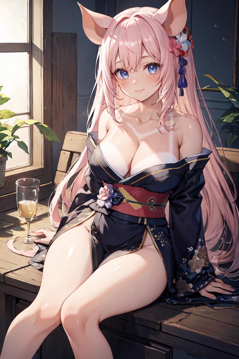 masterpiece, best quality, ultra-detailed, glistening shiny, glowing light, ray tracing, HDR, deph of field, (perfect face, detailed face), 1girl, solo, <lora:ZaiyukiRose:0.8>,  zaiyukirose, pig ears, long hair, large breasts, smile, tanlines, kimono, off shoulders,  bare shoulders, collarbone, cleavage, no bra, bare legs, sitting