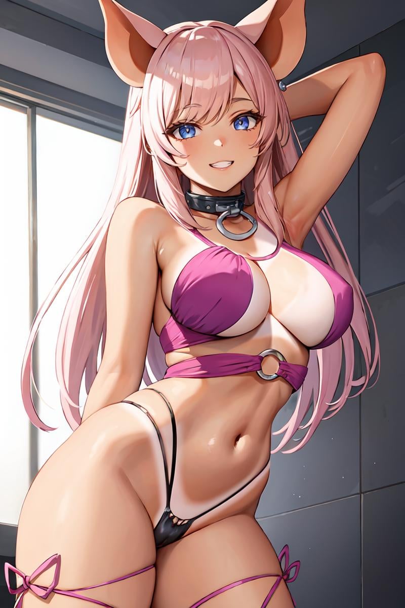 masterpiece, best quality, ultra-detailed, glistening shiny, glowing light, ray tracing, HDR, deph of field, (perfect face, detailed face), 1girl, solo, <lora:ZaiyukiRose:1>,  zaiyukirose, pig ears, long hair, large breasts, grin, wink, pink bikini top, pink leg ribbon, black collar, tanlines, bare arms, arms behind head, thong, standing