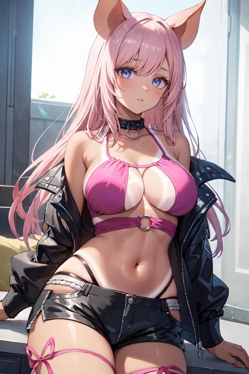 masterpiece, best quality, ultra-detailed, glistening shiny, glowing light, ray tracing, HDR, deph of field, (perfect face, detailed face), 1girl, solo, <lora:ZaiyukiRose:0.8>,  zaiyukirose, pig ears, long hair, large breasts, tanlines, pink bikini top, pink leg ribbon, black collar, black shorts, black jacket, 