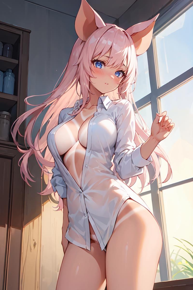 masterpiece, best quality, ultra-detailed, glistening shiny, glowing light, ray tracing, HDR, deph of field, (perfect face, detailed face), 1girl, solo, <lora:ZaiyukiRose:0.8>,  zaiyukirose, pig ears, long hair, large breasts,  blush, tanlines, naked shirt, open shirt,  bare legs, standing