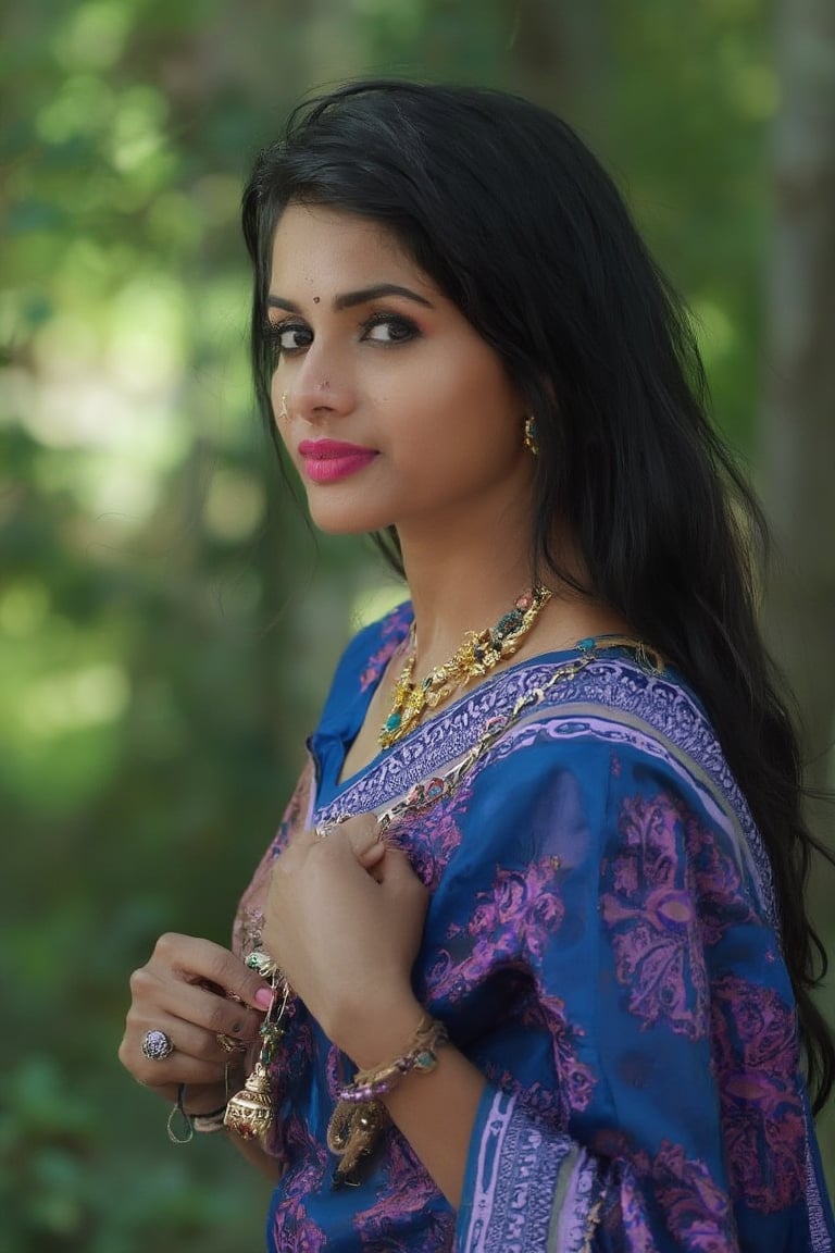 A stunning, realistic photograph of a Mallu beauty wearing a traditional blue sari adorned with a pink pattern. The sari is draped elegantly, showcasing her cultural grace. She has long, dark hair that flows naturally, framing her face beautifully. Her soft pink lips add a subtle touch of color, enhancing her natural beauty.

She is adorned with a gold necklace featuring a central blue stone that complements her sari, along with matching earrings that subtly accentuate her overall look. A delicate ring is visible on her right hand, adding a touch of elegance. 

The background is an outdoor setting, rich with greenery that contrasts her vibrant attire, providing a serene and natural ambiance. The environment is realistic, with careful attention to the textures of her clothing, the shine of her hair, and the soft glow of her skin. The image is designed to draw attention to her, possibly hinting at a day out in a complex, yet balanced, setting that emphasizes both her traditional attire and modern beauty.
