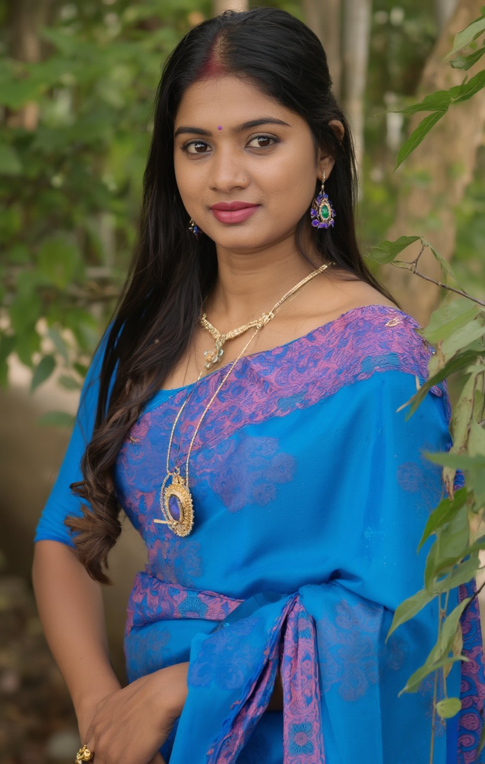 A stunning, realistic photograph of a Mallu beauty wearing a traditional blue sari adorned with a pink pattern. The sari is draped elegantly, showcasing her cultural grace. She has long, dark hair that flows naturally, framing her face beautifully. Her soft pink lips add a subtle touch of color, enhancing her natural beauty.

She is adorned with a gold necklace featuring a central blue stone that complements her sari, along with matching earrings that subtly accentuate her overall look. A delicate ring is visible on her right hand, adding a touch of elegance. 

The background is an outdoor setting, rich with greenery that contrasts her vibrant attire, providing a serene and natural ambiance. The environment is realistic, with careful attention to the textures of her clothing, the shine of her hair, and the soft glow of her skin. The image is designed to draw attention to her, possibly hinting at a day out in a complex, yet balanced, setting that emphasizes both her traditional attire and modern beauty.
