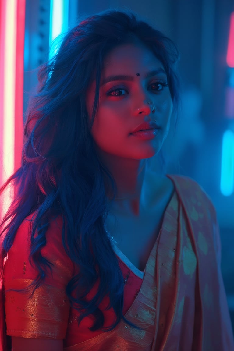 A stunning, realistic photograph of a 19-year-old woman with striking white skin and extreme blue hair, which flows beautifully and adds a unique, modern twist to her look. She radiates youthful beauty while dressed in traditional Indian attire, featuring a Kerala pattupavada—a flowing, elegant Kerala gown—and a matching blouse. A delicately draped shawl (sholl) adds an extra layer of elegance, highlighting her deep connection to her cultural heritage.

The scene is color graded with a cinematic aesthetic inspired by the Matrix or Blade Runner movies, featuring a moody, high-contrast palette with neon blues, deep blacks, and vibrant highlights that enhance the futuristic feel. The lighting casts a soft, ethereal glow on her face, illuminating her features while the surrounding colors create a striking, otherworldly atmosphere. The overall composition blends the timeless beauty of traditional attire with a modern, sci-fi ambiance, making the image both visually captivating and culturally rich.
