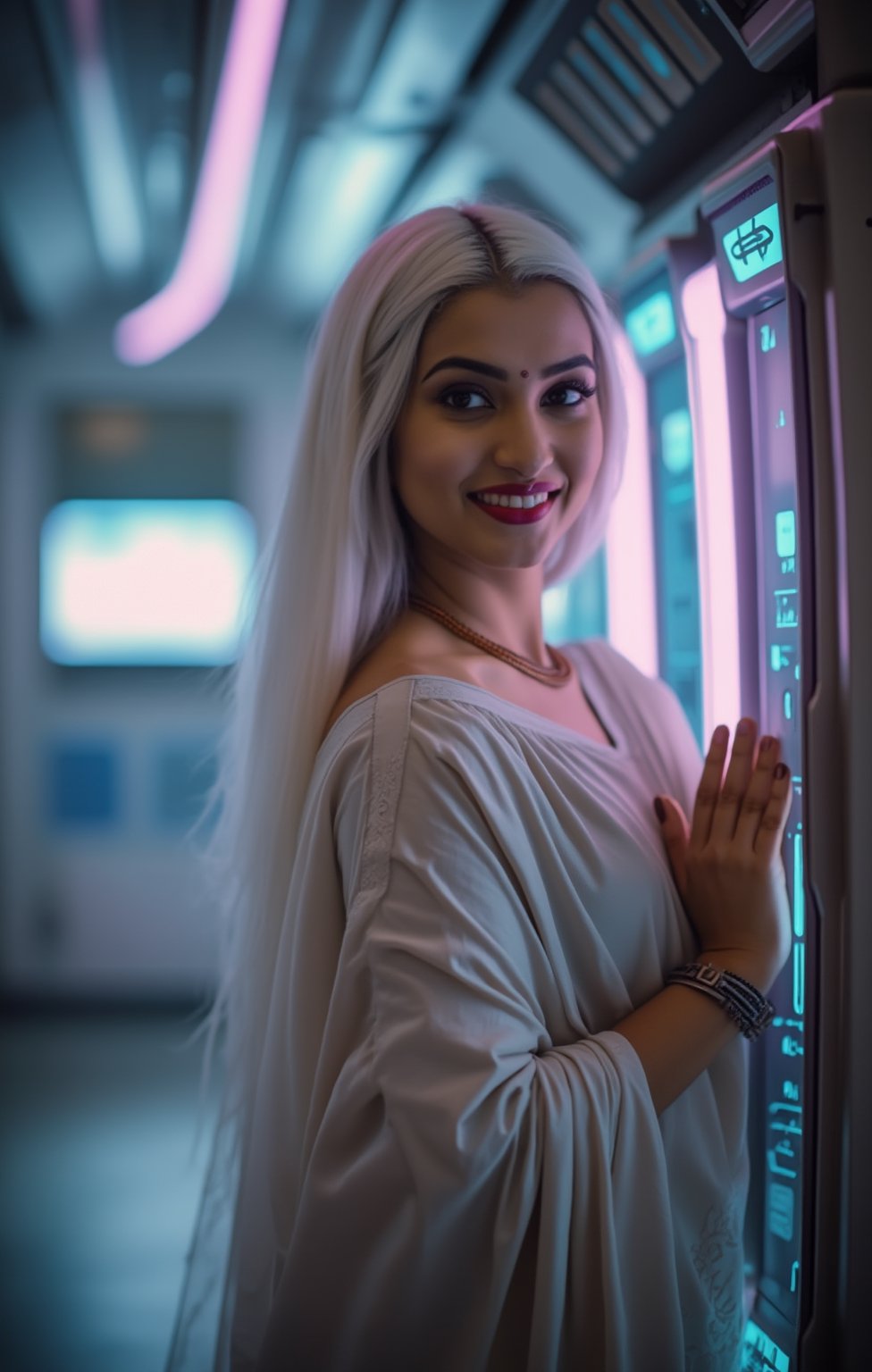 A stunning, realistic photography of a 25-year-old curvy women , white skin extreme white hair, radiating youthful beauty. She is dressed in traditional Indian attire, featuring a Kerala pattupavada—a beautiful, flowing Kerala gown—and a matching blouse. A delicately draped shawl (sholl) adds an elegant touch to her outfit, highlighting her cultural heritage.

The background contrasts with her traditional look, set inside a futuristic spacecraft with a Mars Effect game theme. The environment is filled with advanced technology, with holographic displays, sleek metallic surfaces, and soft neon lighting that creates an otherworldly ambiance. The lighting subtly illuminates her face, enhancing her natural beauty and creating a blend of old-world charm and futuristic aesthetics.

The overall composition focuses on her serene and graceful presence, emphasizing her traditional attire against the backdrop of a high-tech, space-age setting. This creates a captivating fusion of culture and science fiction, making the image both visually striking and unique.,Mallu ,Realistic photography ,Indian 