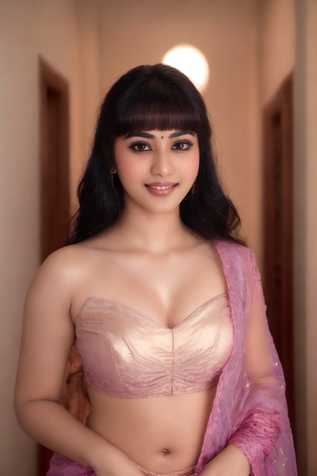 A stunning Indian young girl 21 years old, stands elegantly in her saree, ready to tie the knot. Soft golden light wraps around her, illuminating the intricate embroidery on the fabric. She poses confidently, her hands clasped together in a subtle smile. The vibrant colors of the saree pop against the serene white background, framing her beautiful features. A delicate necklace adorns her neck, adding a touch of sophistication to her already radiant beauty.