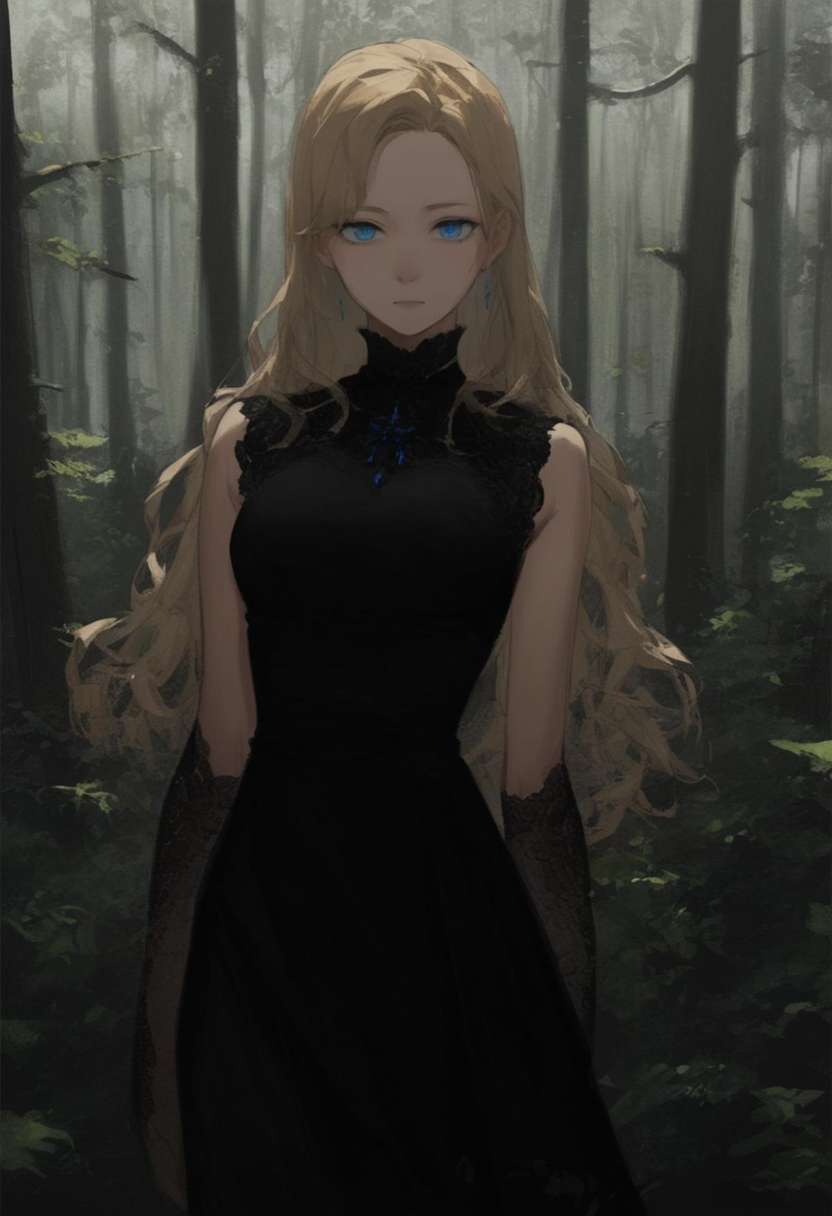 score_8_up, source_anime, adult woman, blonde hair, black dress, forest, blue eyes , looking at viewer, <lora:DarkerThanDarkV1:0.5> 